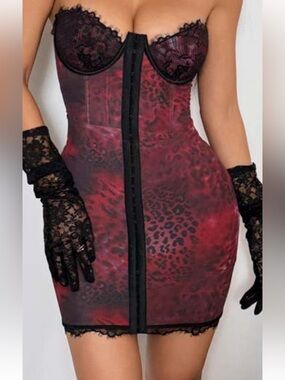 BNWT CURRENT MOOD Lace-Trim Red Leopard Print Bustier Dress